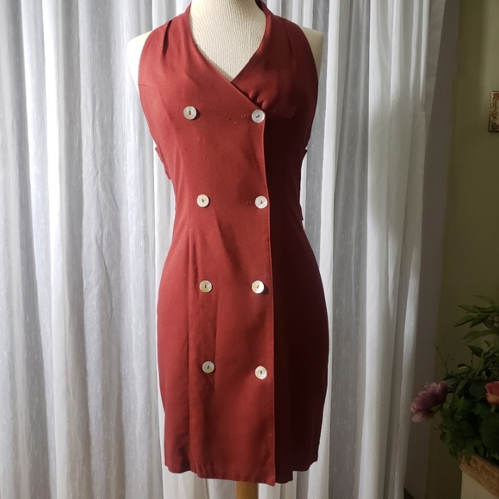 My Michelle 100% Silk Rust Red Double-Breasted Midi Dress